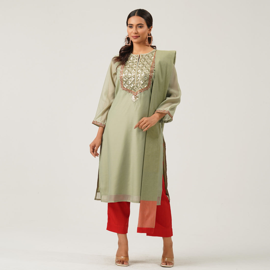 Woman Green Ethnic Thee Piece
